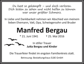 Traueranzeige von Manfred Bergau  von Magdeburger Volksstimme