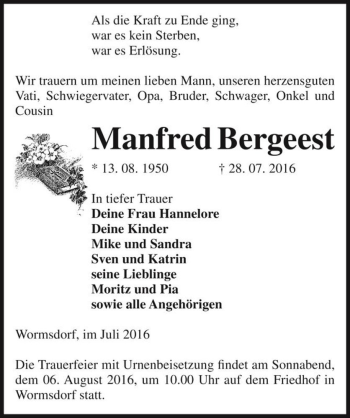Traueranzeige von Manfred Bergeest  von Magdeburger Volksstimme