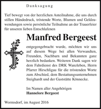 Traueranzeige von Manfred Bergeest  von Magdeburger Volksstimme