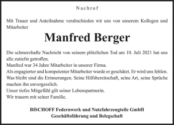 Traueranzeige von Manfred Berger  von Magdeburger Volksstimme
