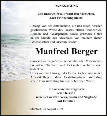Traueranzeige von Manfred Berger  von Magdeburger Volksstimme
