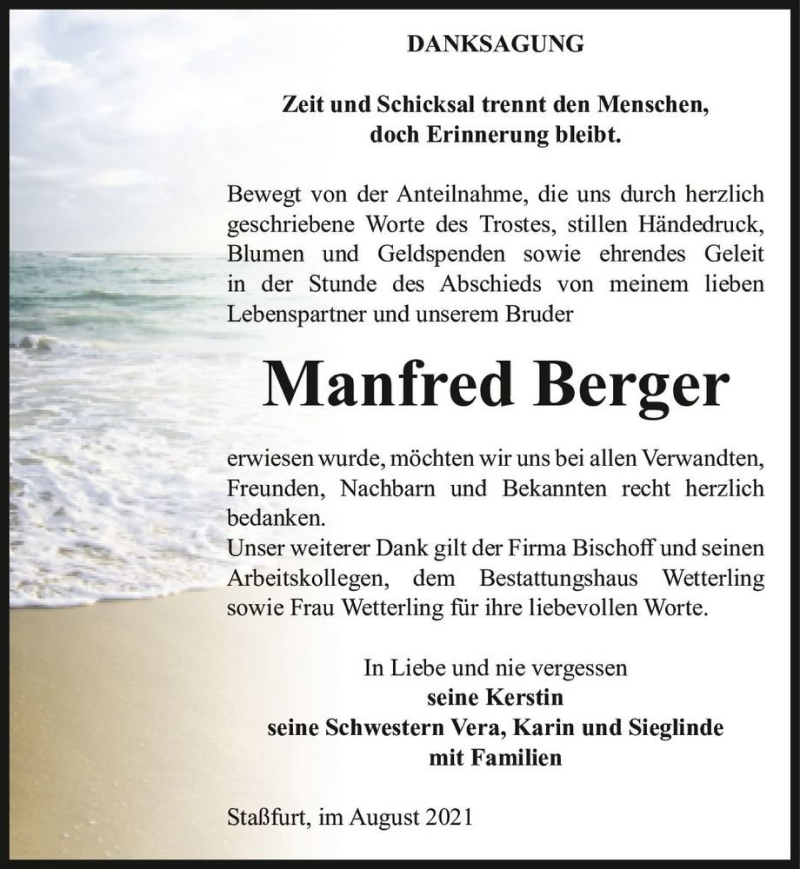  Traueranzeige für Manfred Berger  vom 21.08.2021 aus Magdeburger Volksstimme