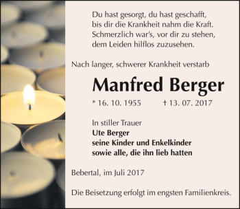 Traueranzeige von Manfred Berger  von Magdeburger Volksstimme