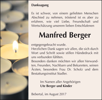 Traueranzeige von Manfred Berger  von Magdeburger Volksstimme
