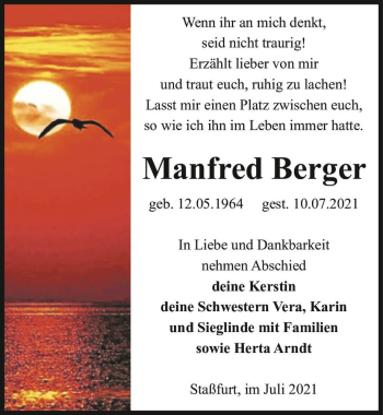 Traueranzeige von Manfred Berger  von Magdeburger Volksstimme