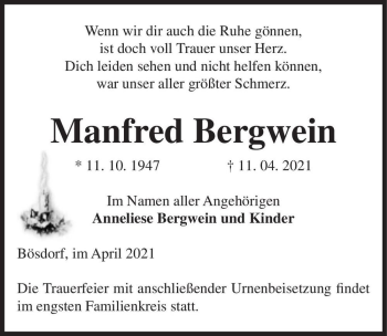 Traueranzeige von Manfred Bergwein  von Magdeburger Volksstimme