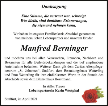 Traueranzeige von Manfred Berninger  von Magdeburger Volksstimme