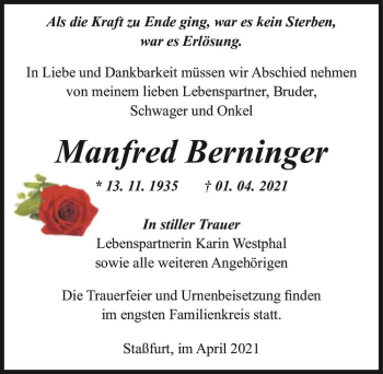 Traueranzeige von Manfred Berninger  von Magdeburger Volksstimme
