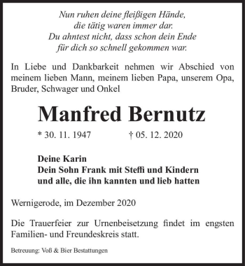 Traueranzeige von Manfred Bernutz  von Magdeburger Volksstimme