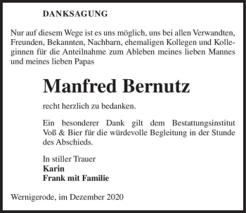 Traueranzeige von Manfred Bernutz  von Magdeburger Volksstimme