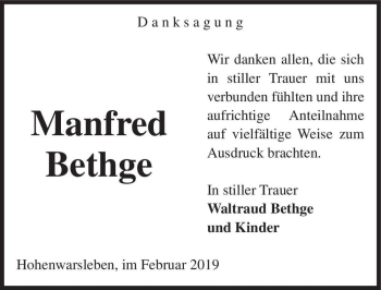 Traueranzeige von Manfred Bethge  von Magdeburger Volksstimme