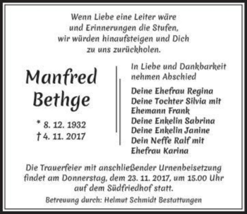 Traueranzeige von Manfred Bethge  von Magdeburger Volksstimme