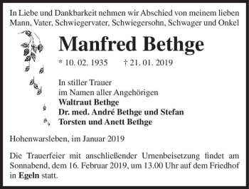 Traueranzeige von Manfred Bethge  von Magdeburger Volksstimme
