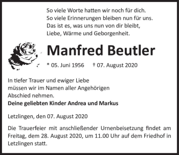 Traueranzeige von Manfred Beutler  von Magdeburger Volksstimme