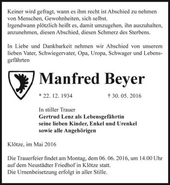 Traueranzeige von Manfred Beyer  von Magdeburger Volksstimme