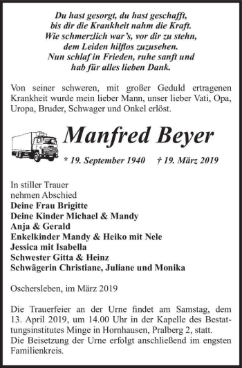 Traueranzeige von Manfred Beyer  von Magdeburger Volksstimme