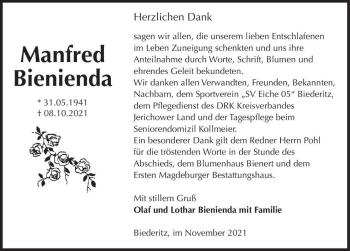 Traueranzeige von Manfred Bienienda  von Magdeburger Volksstimme