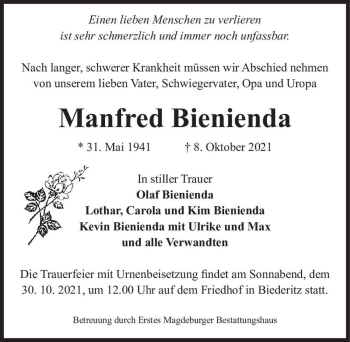 Traueranzeige von Manfred Bienienda  von Magdeburger Volksstimme