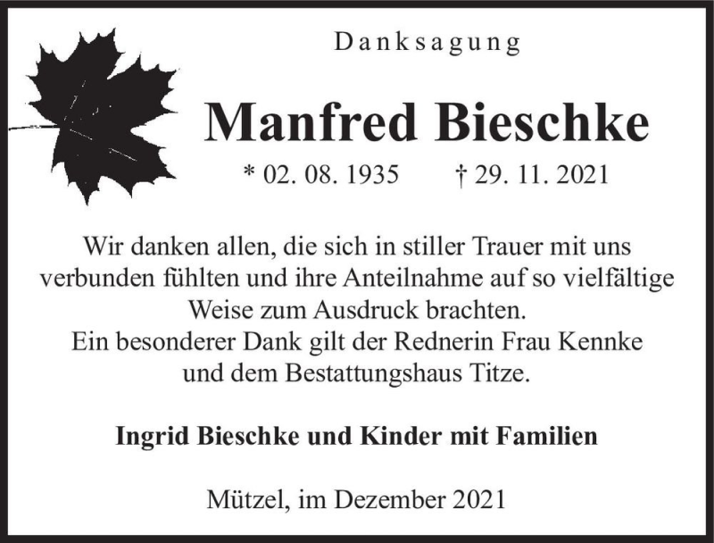  Traueranzeige für Manfred Bieschke  vom 24.12.2021 aus Magdeburger Volksstimme