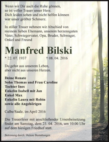 Traueranzeige von Manfred Bilski  von Magdeburger Volksstimme