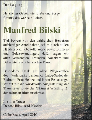 Traueranzeige von Manfred Bilski  von Magdeburger Volksstimme