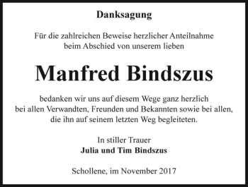 Traueranzeige von Manfred Bindszus  von Magdeburger Volksstimme