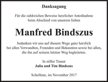 Traueranzeige von Manfred Bindszus  von Magdeburger Volksstimme