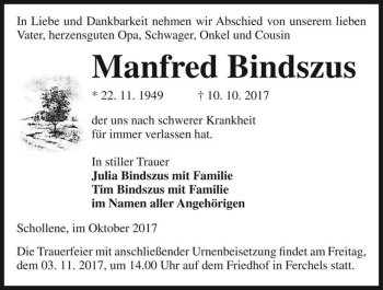 Traueranzeige von Manfred Bindszus  von Magdeburger Volksstimme
