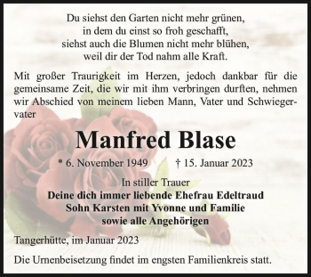 Traueranzeige von Manfred Blase  von Magdeburger Volksstimme