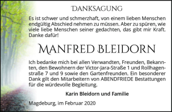 Traueranzeige von Manfred Bleidorn  von Magdeburger Volksstimme
