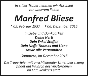 Traueranzeige von Manfred Bliese  von Magdeburger Volksstimme