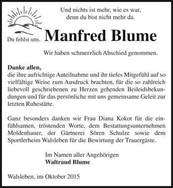 Traueranzeige von Manfred Blume  von Magdeburger Volksstimme
