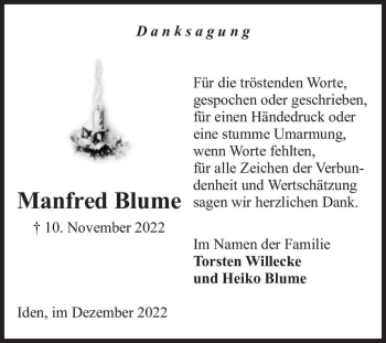 Traueranzeige von Manfred Blume  von Magdeburger Volksstimme