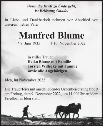 Traueranzeige von Manfred Blume  von Magdeburger Volksstimme