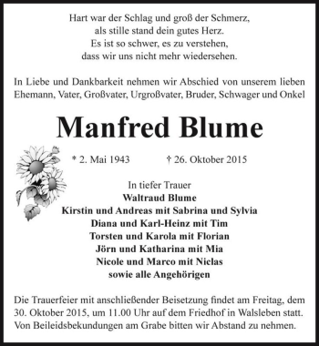 Traueranzeige von Manfred Blume  von Magdeburger Volksstimme