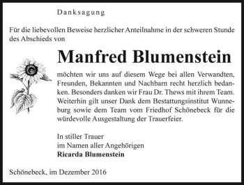 Traueranzeige von Manfred Blumenstein  von Magdeburger Volksstimme