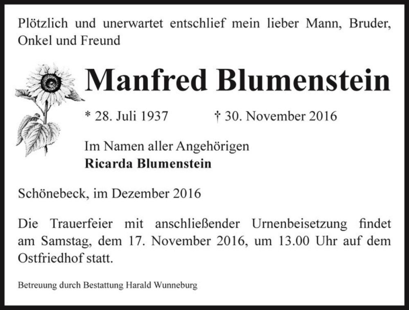  Traueranzeige für Manfred Blumenstein  vom 10.12.2016 aus Magdeburger Volksstimme
