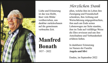 Traueranzeige von Manfred Bonath  von Magdeburger Volksstimme