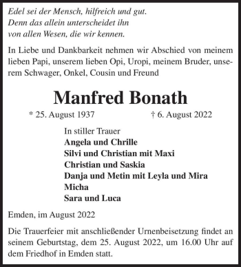 Traueranzeige von Manfred Bonath  von Magdeburger Volksstimme