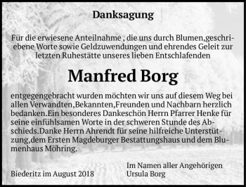 Traueranzeige von Manfred Borg  von Magdeburger Volksstimme
