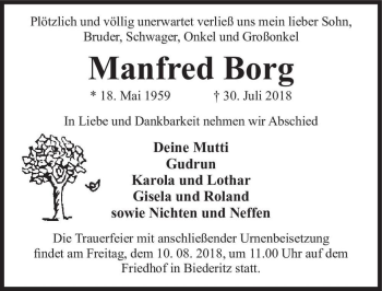 Traueranzeige von Manfred Borg  von Magdeburger Volksstimme