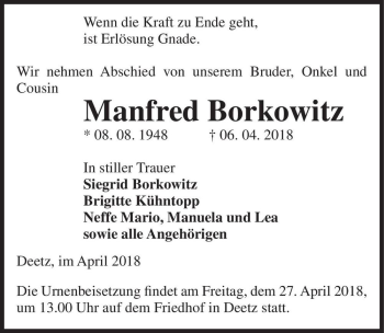 Traueranzeige von Manfred Borkowitz  von Magdeburger Volksstimme