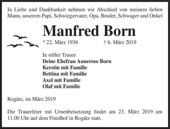 Traueranzeige von Manfred Born  von Magdeburger Volksstimme