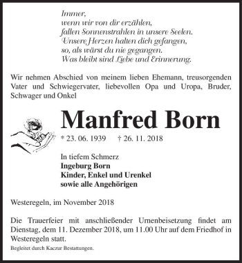 Traueranzeige von Manfred Born  von Magdeburger Volksstimme