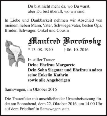 Traueranzeige von Manfred Borowsky  von Magdeburger Volksstimme