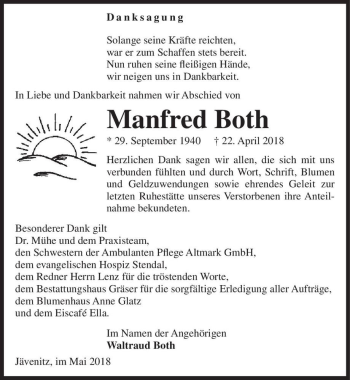 Traueranzeige von Manfred Both  von Magdeburger Volksstimme