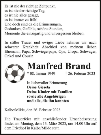 Traueranzeige von Manfred Brand  von Magdeburger Volksstimme