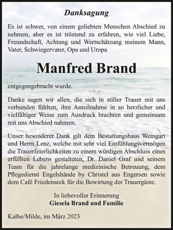 Traueranzeige von Manfred Brand  von Magdeburger Volksstimme