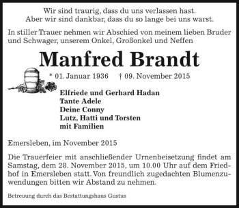 Traueranzeige von Manfred Brandt  von Magdeburger Volksstimme