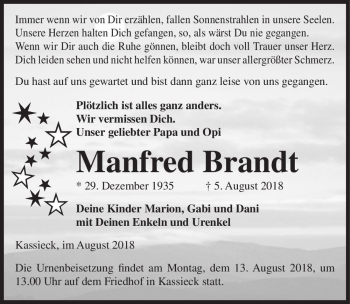 Traueranzeige von Manfred Brandt  von Magdeburger Volksstimme